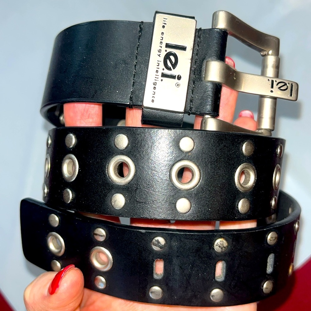 Y2K Black Leather EMO BELT Silver studs Grommets square silver buckle 28-32” S M